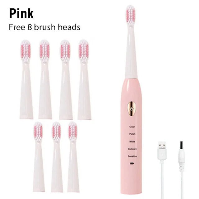 Storazone Pink with 8 Brush / CHINA Ultrasonic Sonic Electric Toothbrush For Adult Rechargeable Tooth Brushes Washable Electronic Whitening Teeth Brush Timer Brush