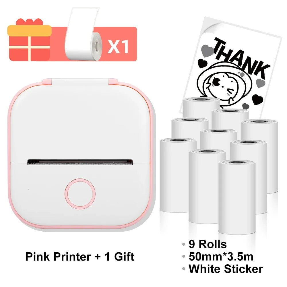 Storazone Pink with 9rolls / CN T02 Mini Thermal Printer Phomemo T02 Sticker Maker Machine Portable Bluetooth Pocket Printer Study Supplies for Photos Notes