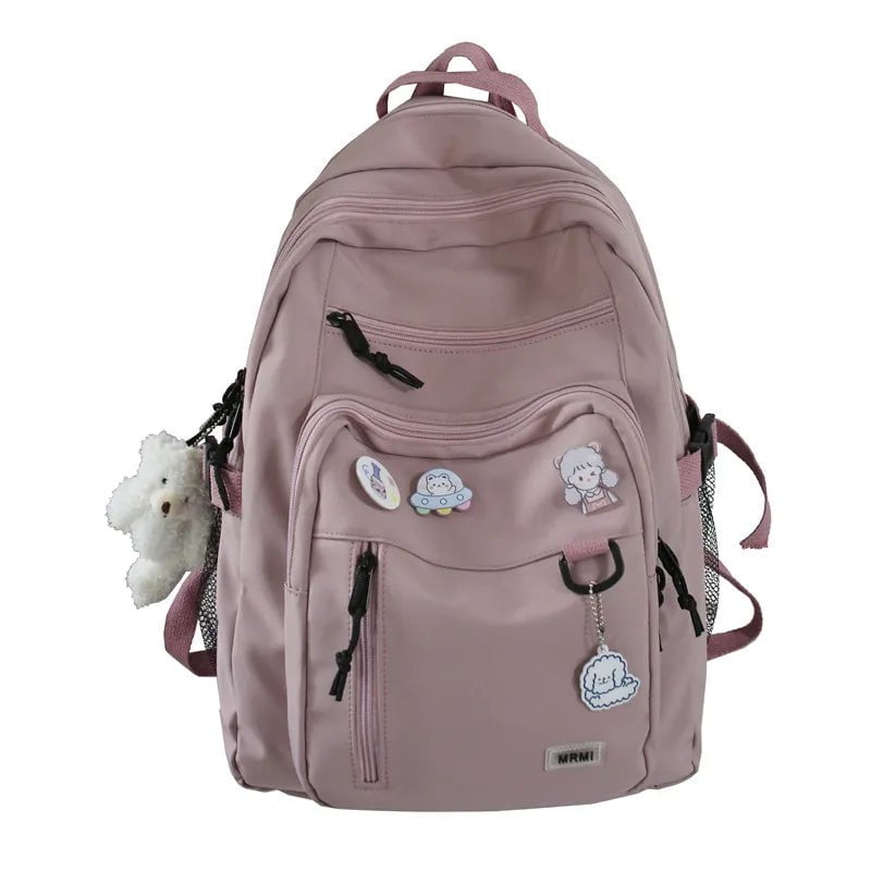 Storazone Pink With bear doll Fashion Big Student Backpack NEW Badge Rucksack Girls School Bag High Capacity Women Backpack Female Cute Leisure Travel Mochila