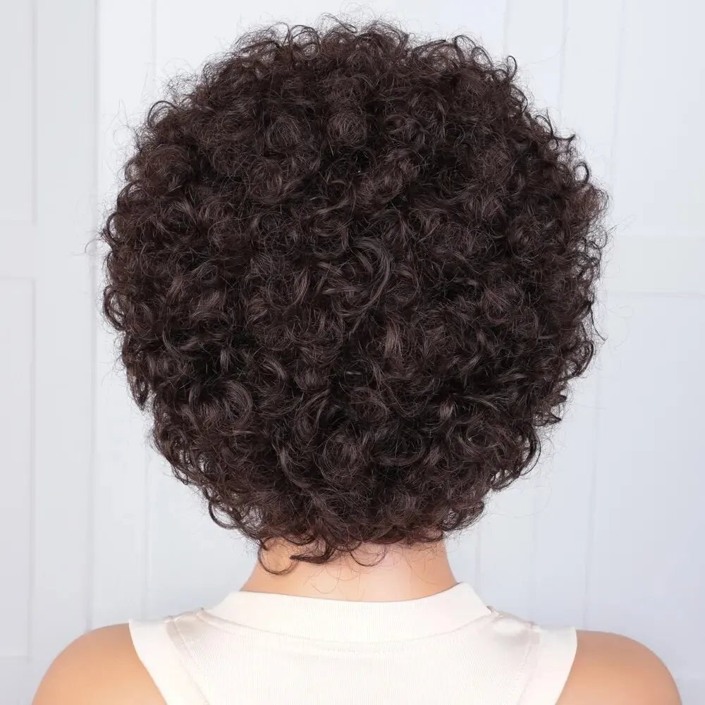 Storazone Pixie Short Afro Curly Bob Human Hair Wigs With Bangs For Women Brazilian Remy Hair Wear and Go Natural Brown Kinky Curly Wigs