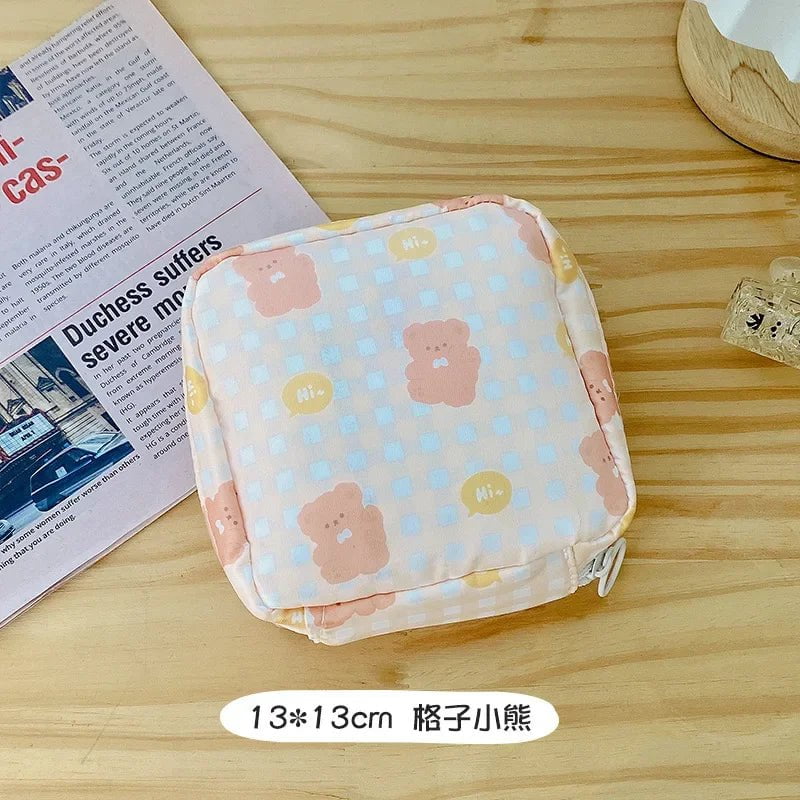 Storazone Plaid Bear Women Girls Kawaii Cosmetic Makeup Tampon Bear Napkin Pouch Storage Bag Coin Purse Sanitary Pads Bag Mini Data Cables Organizer