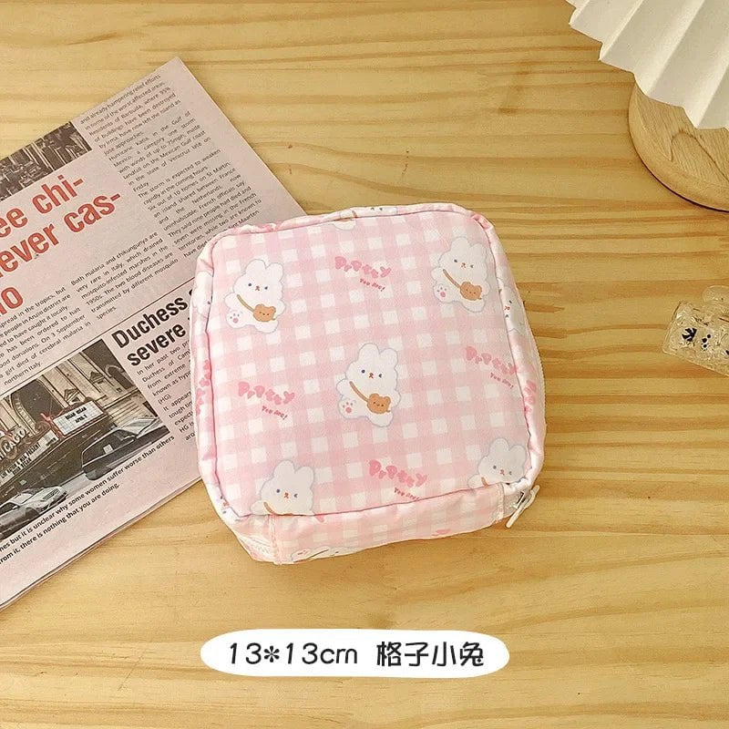 Storazone Plaid Rabbit Women Girls Kawaii Cosmetic Makeup Tampon Bear Napkin Pouch Storage Bag Coin Purse Sanitary Pads Bag Mini Data Cables Organizer