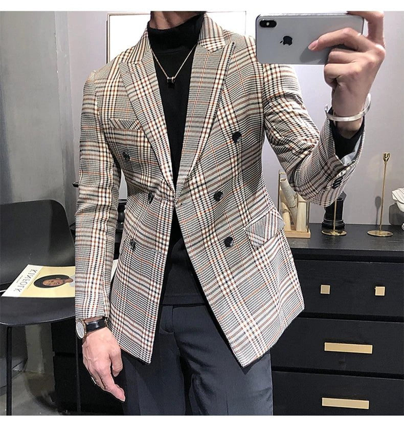 Storazone Plaid / XXXL 2020 Men's Tuxedos New Arrival Plaid Casual Double Breasted Slim Fit Blazer Mens Suit （Only Jacket）