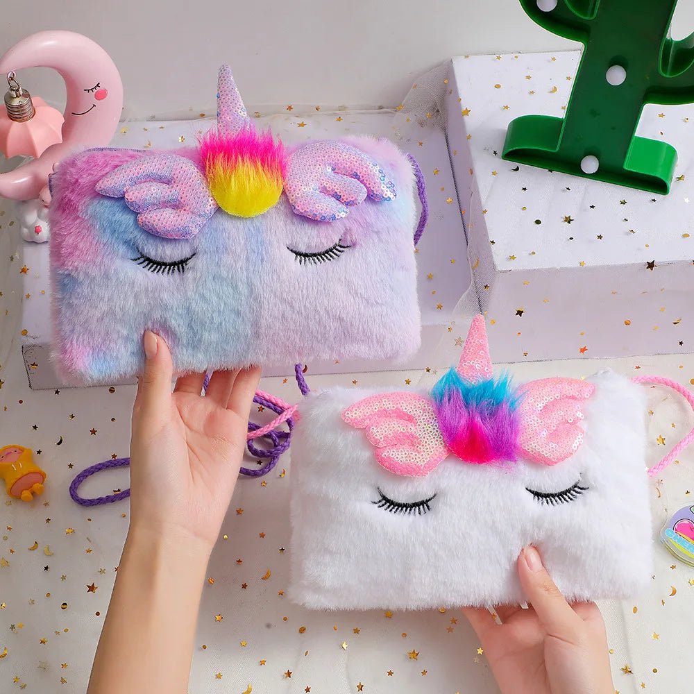 Storazone Plush Unicorn Square Squint Shoulder Bag Cartoon Children's Plush Crossbody Bag Kindergarten Girls' Zero Wallet