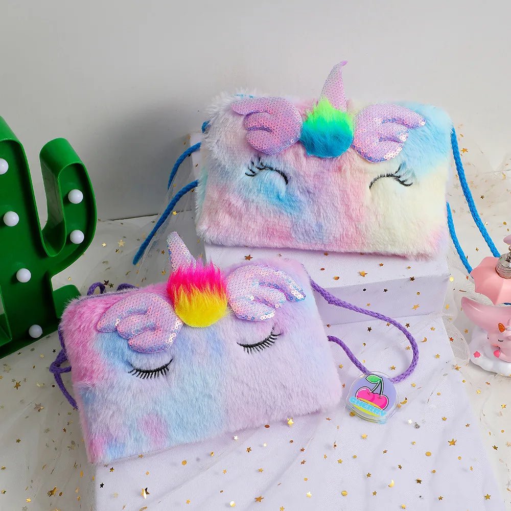 Storazone Plush Unicorn Square Squint Shoulder Bag Cartoon Children's Plush Crossbody Bag Kindergarten Girls' Zero Wallet