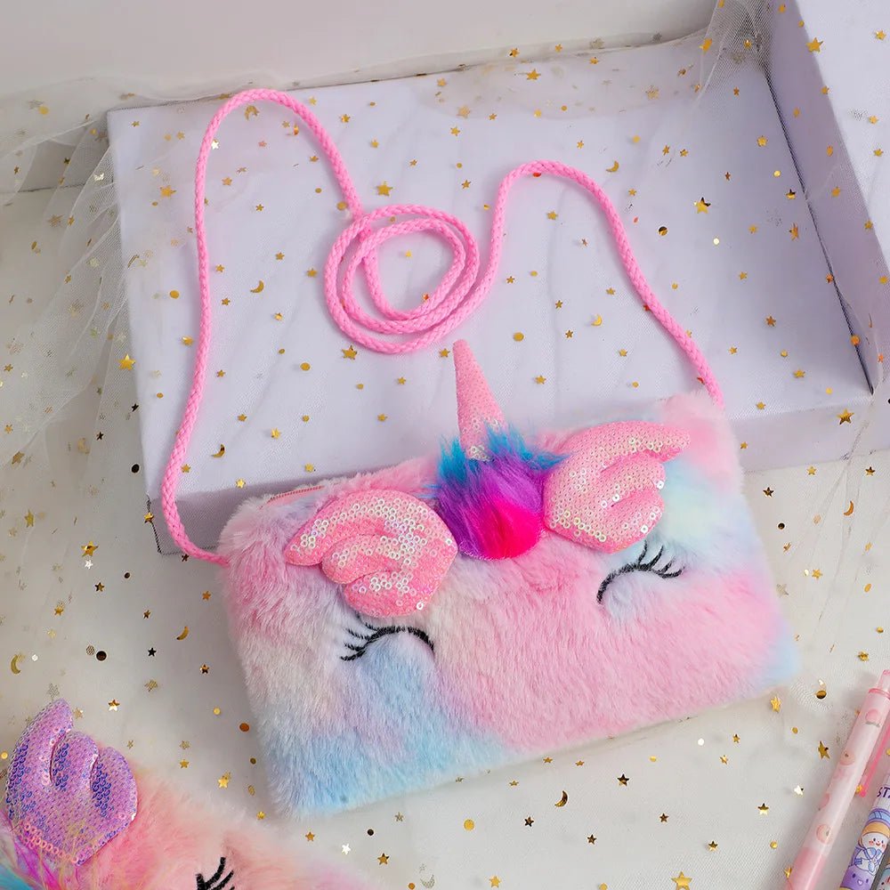 Storazone Plush Unicorn Square Squint Shoulder Bag Cartoon Children's Plush Crossbody Bag Kindergarten Girls' Zero Wallet