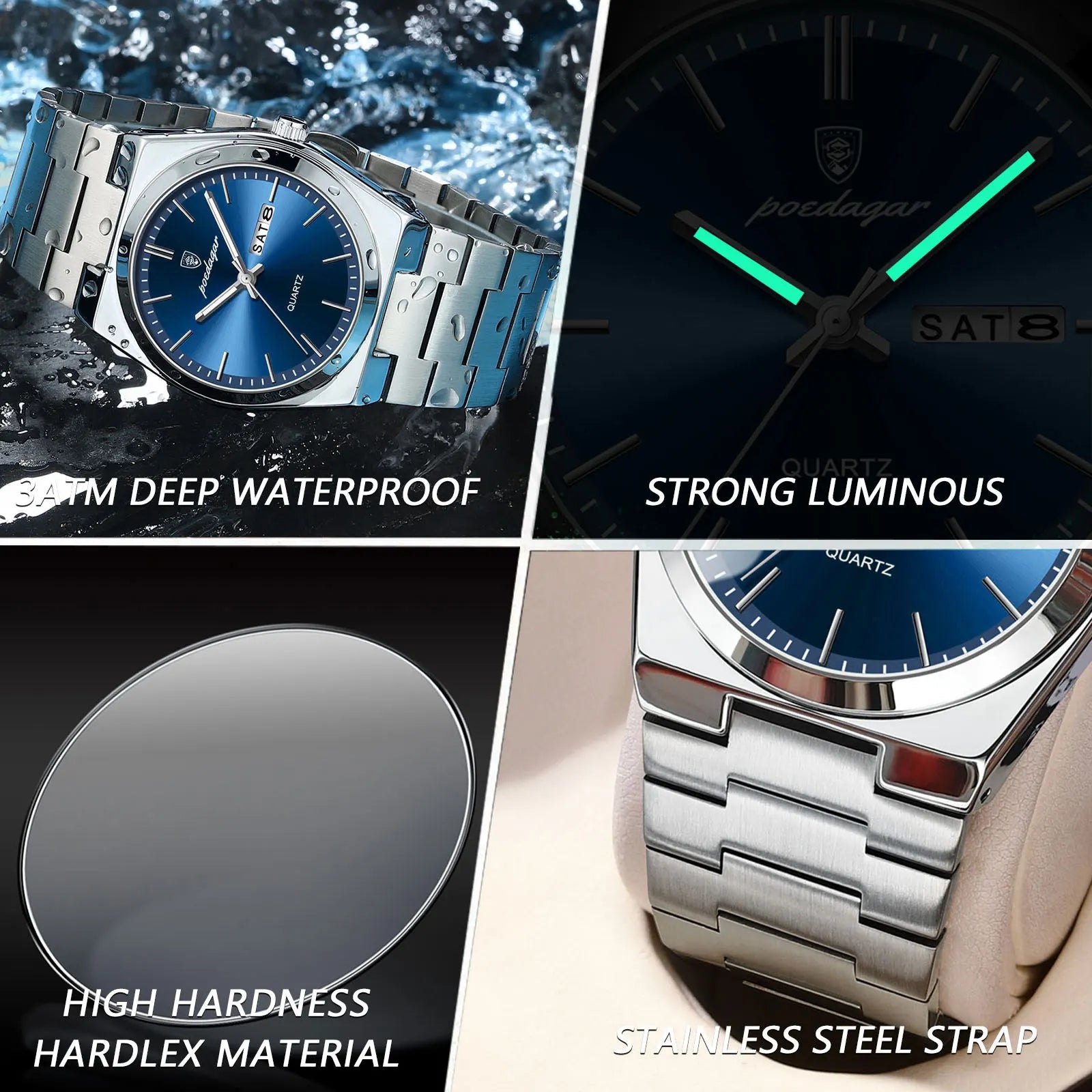 Storazone POEDAGAR Luxury Watch For Man Waterproof Luminous Date Week Stainless Steel Men Watch Casual Quartz Men's Watches Male Clock+box