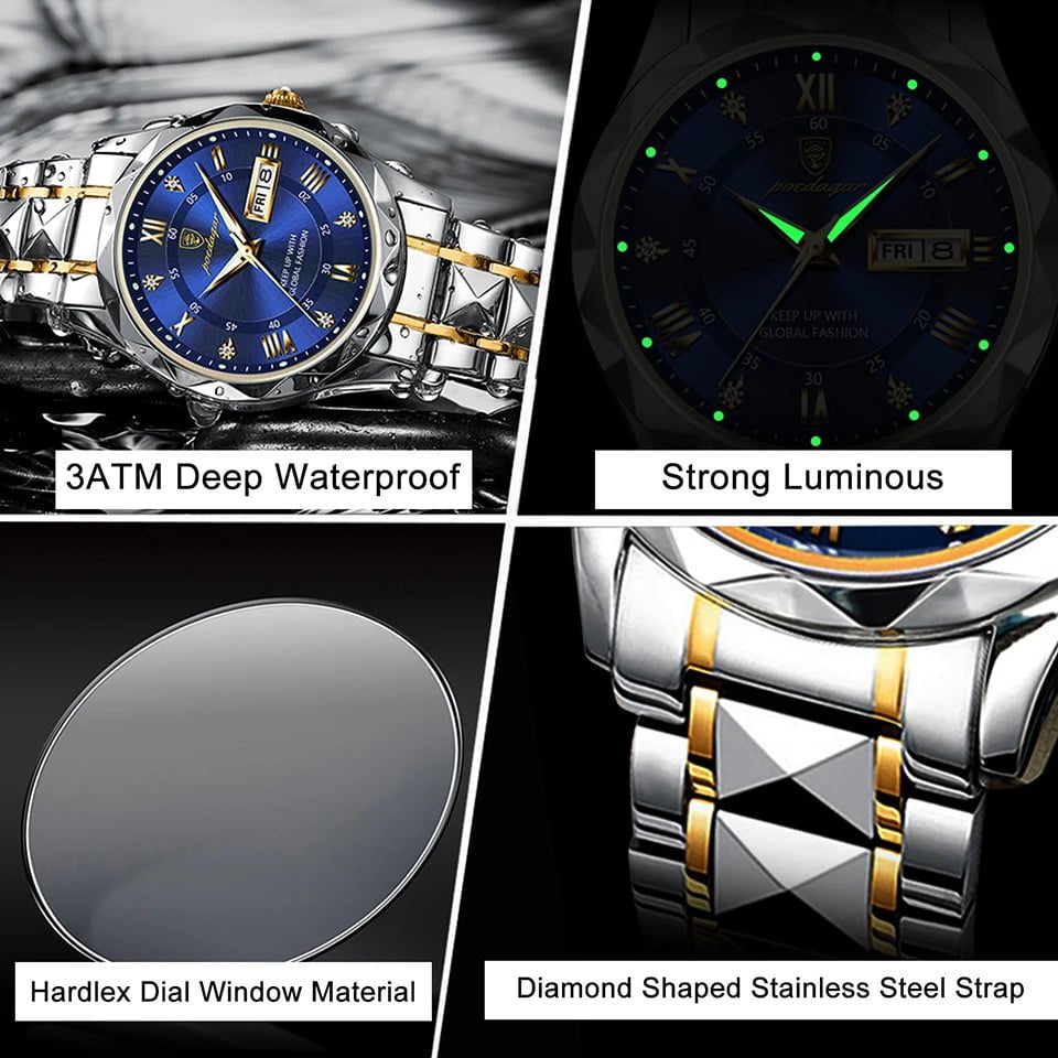 Storazone POEDAGAR Men Luxury Watches Stainless Steel Quartz Wrsitwatches Male Auto Date Clock with Luminous New Design Business Hands+box