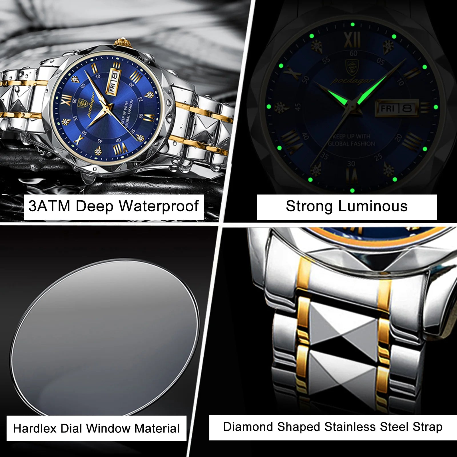 Storazone POEDAGAR Top Brand Luxury Man Wristwatch Waterproof Luminous Date Week Men Watches Stainless Steel Quartz Men's Watch Male reloj