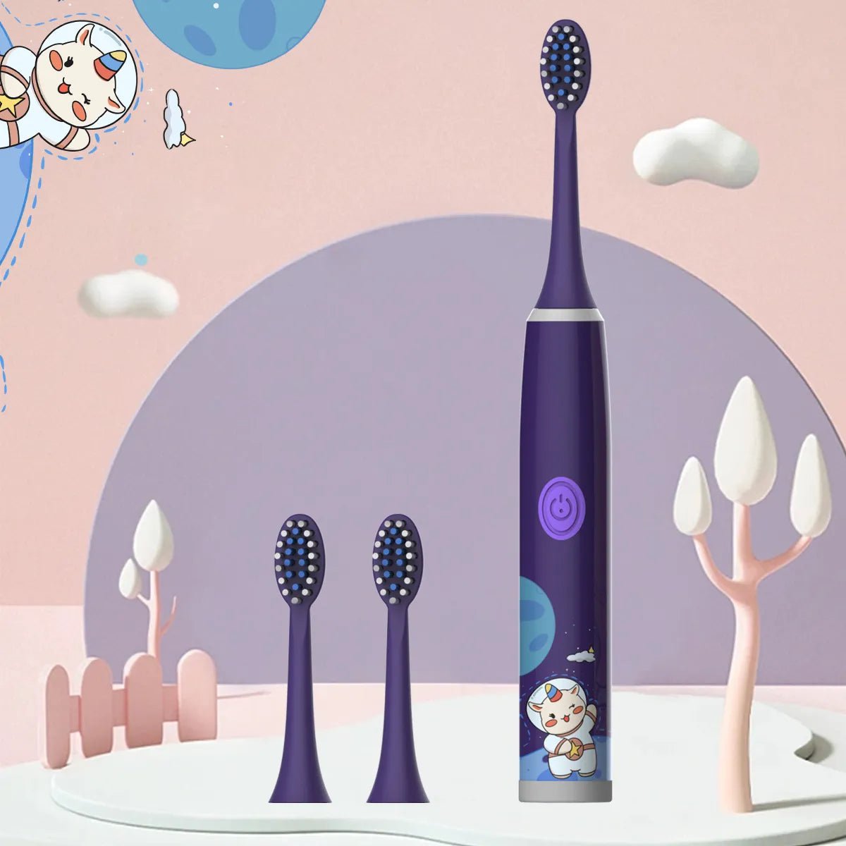 Storazone Purple-3PCS Children's electric toothbrush color cartoon ultrasonic children's soft hair cleaning brush (without batteries)