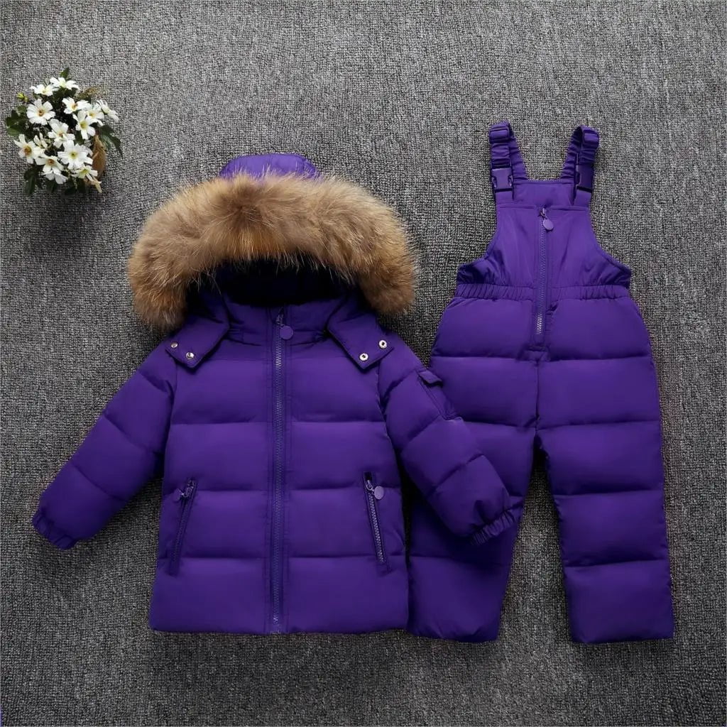 Storazone PURPLE / 4T OLEKID -30 Degree Russia Winter children Boys Clothes set Down Jacket Coat + Overalls For Girl 1-5 Years Kids Baby Girl Snowsuit