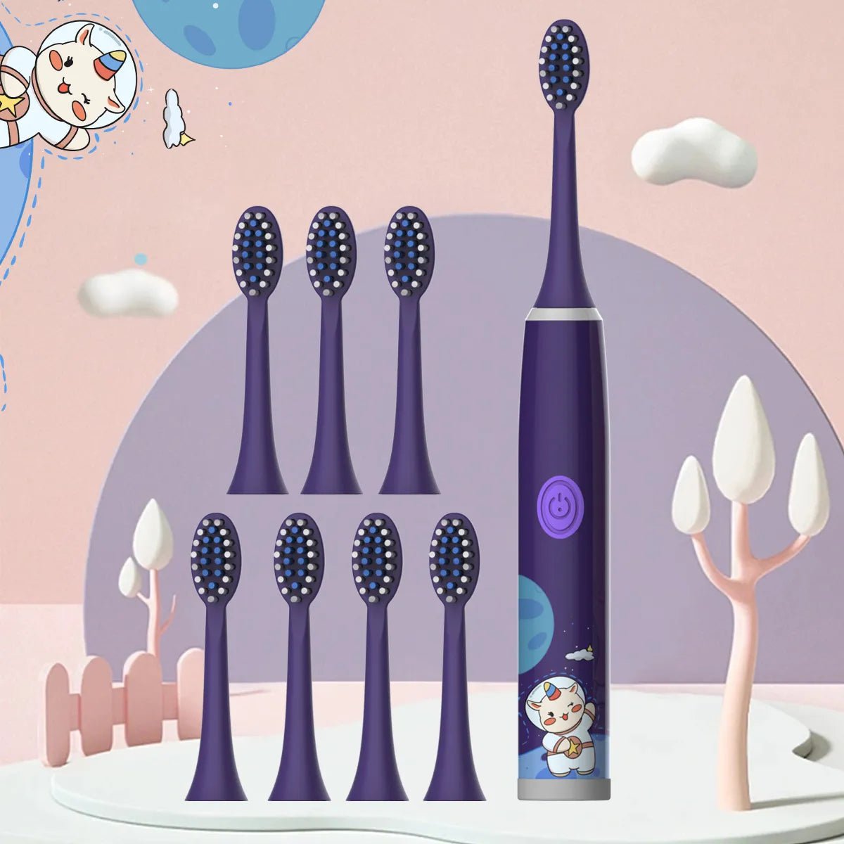 Storazone Purple-8PCS Children's electric toothbrush color cartoon ultrasonic children's soft hair cleaning brush (without batteries)