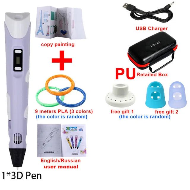 Storazone Purple-9m / Only USB 3D Printing Pen DIY Drawing Pens With 1.75mm PLA Filament Birthday Christmas Gifts For Kids Children With Power Travel Case