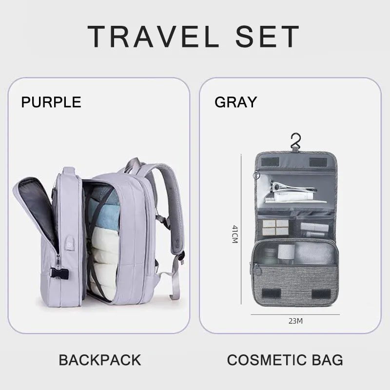 Storazone Purple A set 01gy / CHINA Extendible Travel Backpack Unisex Laptop Bag Women Large Luggage Bags Men's Students Business Trip USB Charge Mochila XA299C