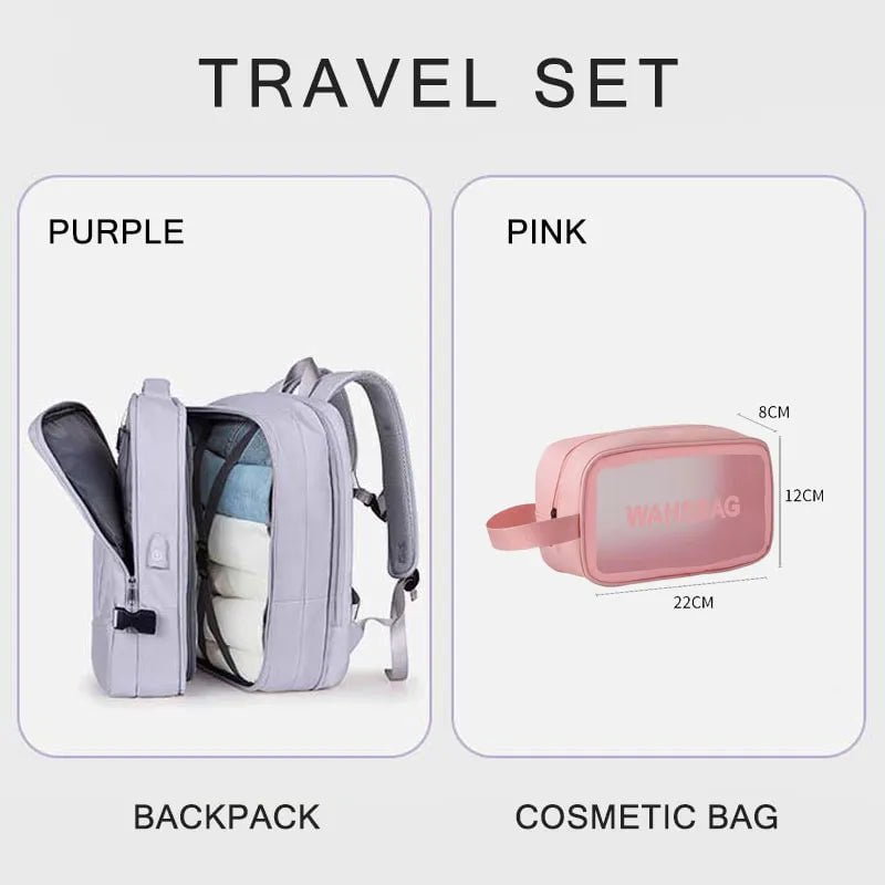 Storazone Purple A set 02pk / CHINA Extendible Travel Backpack Unisex Laptop Bag Women Large Luggage Bags Men's Students Business Trip USB Charge Mochila XA299C