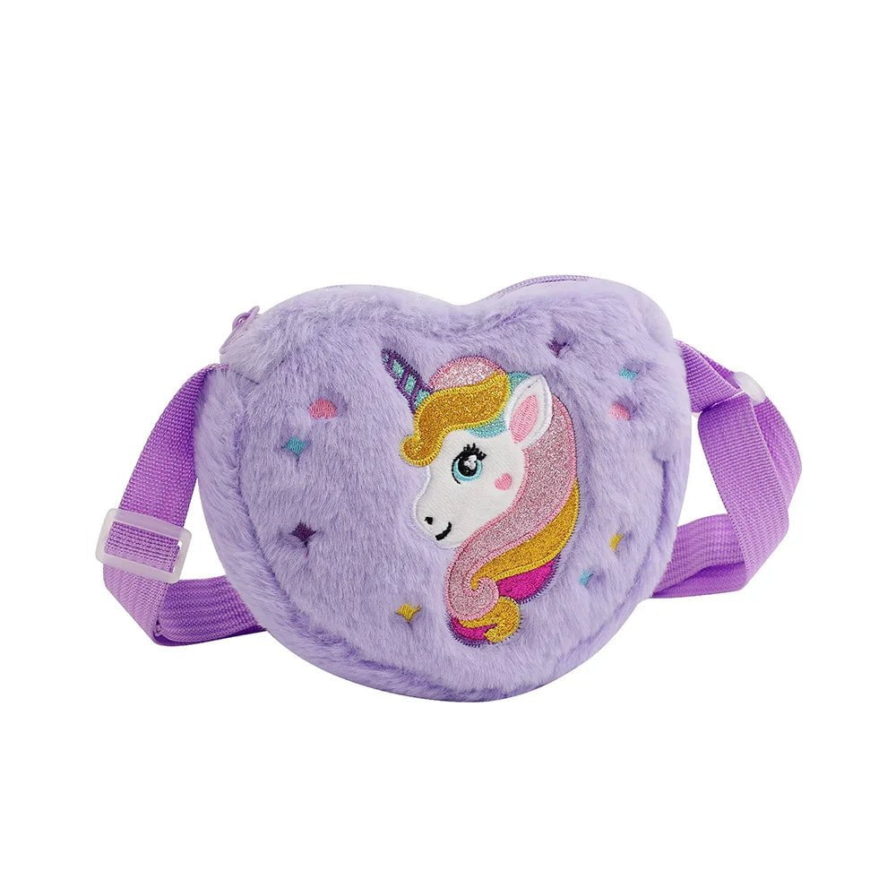 Storazone purple Children's Heart shaped  Shoulder Bag Unicorn Cartoon Plush Love Crossbody Bag Kindergarten Girls' Candy Storage Bag