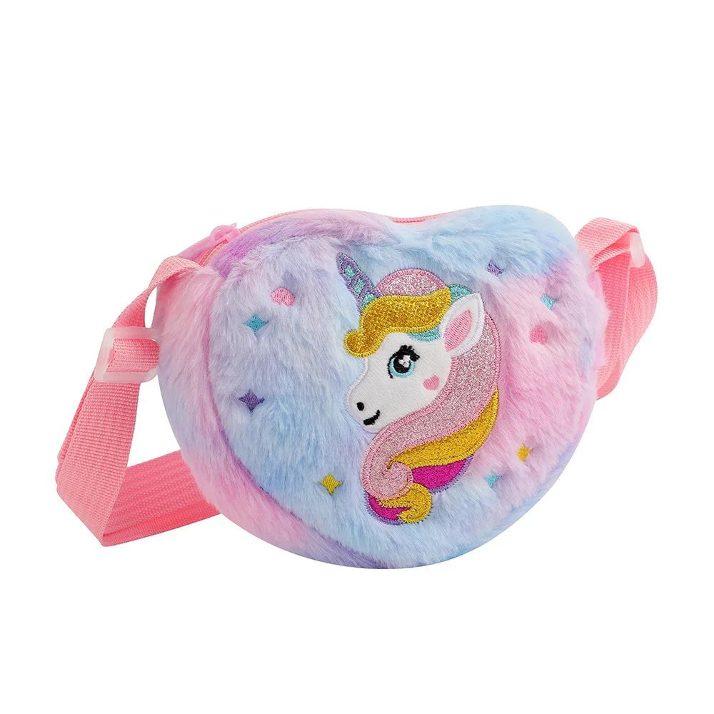 Storazone purple colorful Children's Heart shaped  Shoulder Bag Unicorn Cartoon Plush Love Crossbody Bag Kindergarten Girls' Candy Storage Bag