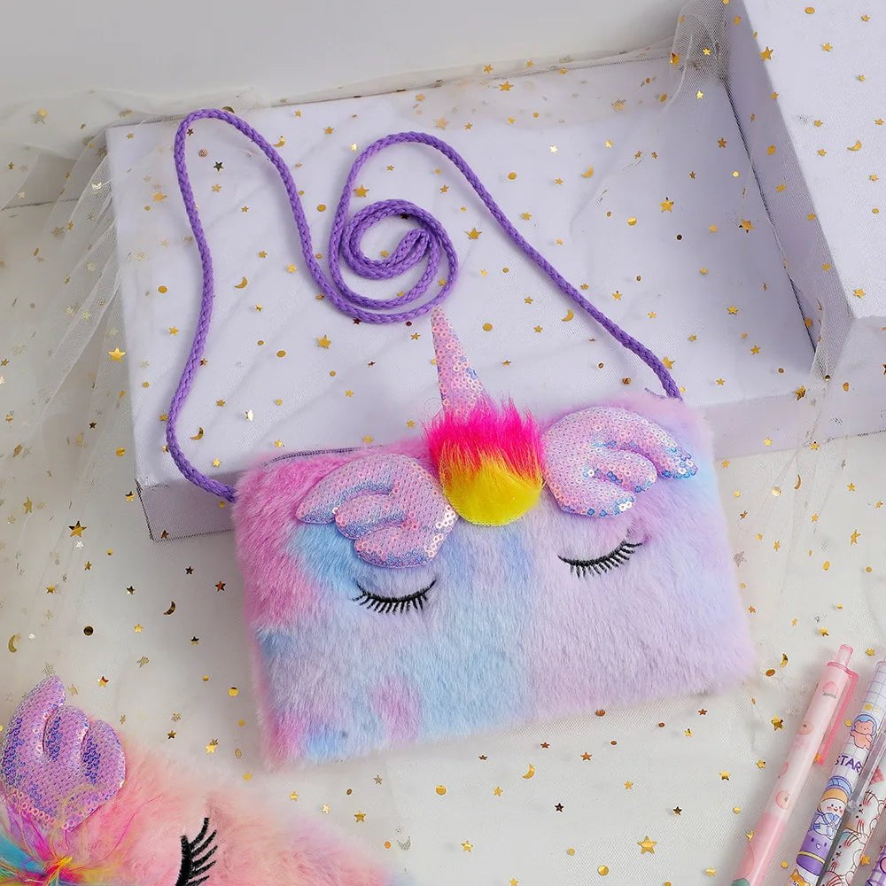 Storazone purple colorful Plush Unicorn Square Squint Shoulder Bag Cartoon Children's Plush Crossbody Bag Kindergarten Girls' Zero Wallet