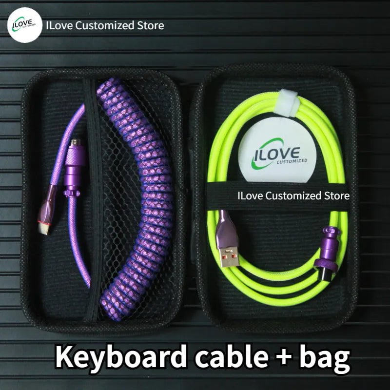 Storazone purple green / 1.8m Coiled Keyboard Cable USB C for Mechanical Gaming Keyboard Double-Sleeved Wire with Detachable Metal Aviator Connector Charging