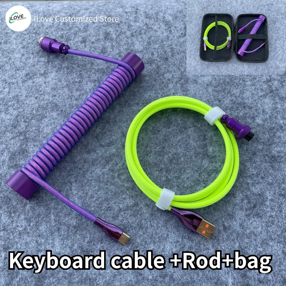 Storazone purple green rod / 1.8m Coiled Keyboard Cable USB C for Mechanical Gaming Keyboard Double-Sleeved Wire with Detachable Metal Aviator Connector Charging