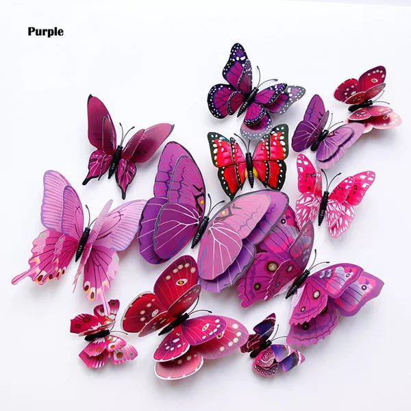 Storazone Purple New Style 12Pcs Double Layer 3D Butterfly Wall Stickers Home Room Decor Butterflies For Wedding Decoration Magnet Fridge Decals