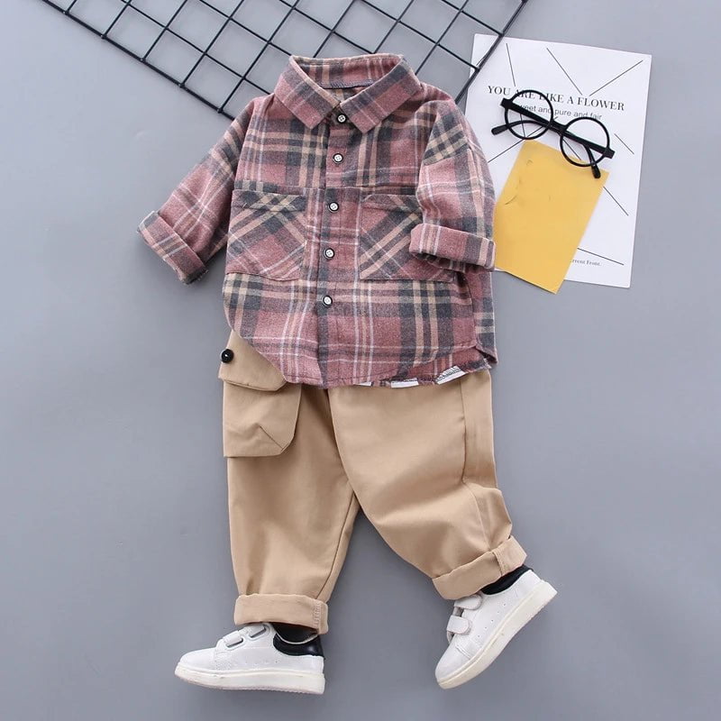 Storazone Purple no shoes / CHINA / 24M Toddler Boys Clothes Autumn Winter Kids Plaid Sets Turn-Down Shirt+Pant with Bag 2pcs Outfit Children Clothing Suit For Boy