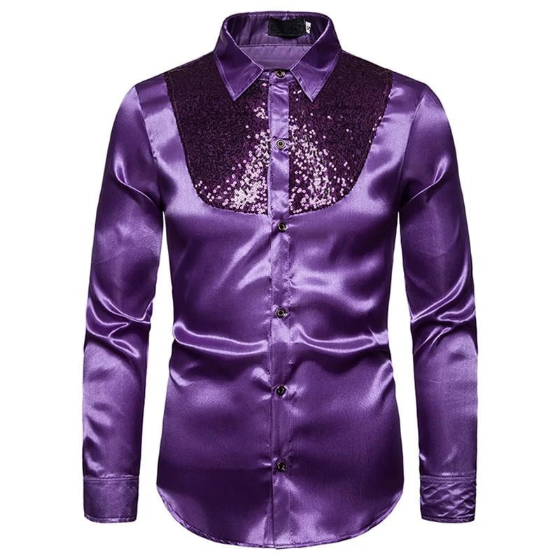 Storazone PURPLE / S / Pack of 1 2022 New Men's Shirt Sequined Performance Nightclub Men's Host MC Men's Lapel Long Sleeve Solid Color Shirt Mens Dress Shirts