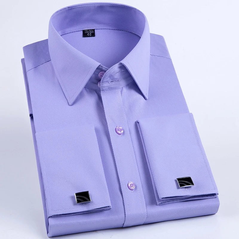 Storazone Purple Twill / 38 Men's French Cuff Dress Shirt Long Sleeve Slim Fit Tuxedo Shirts  with Cufflinks Poly/Cotton Double Button Collar