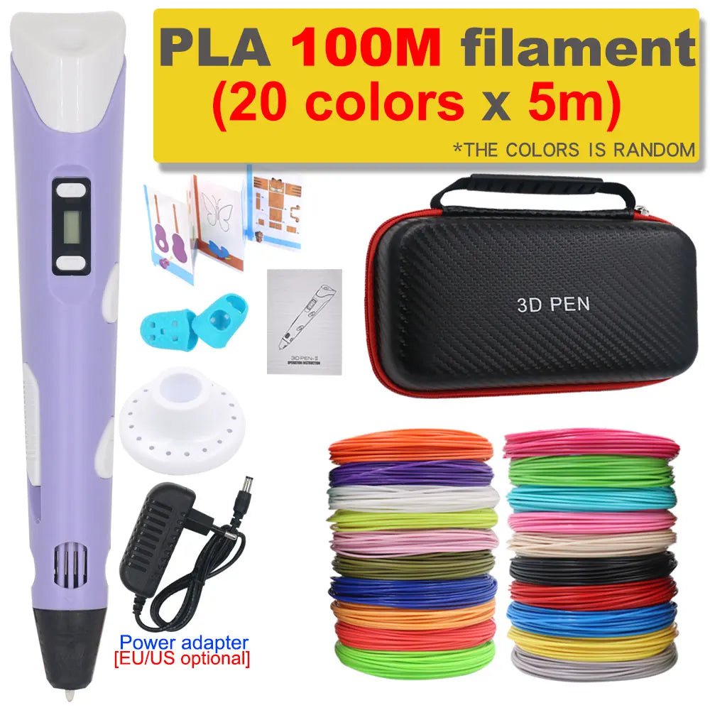 Storazone Purple with 100M PLA / us 3D Pen 3D Printing Pen DIY Drawing Pen 200M PLA Filament Kids Birthday Kids Christmas Gift with Power Adapter Travel Storage Box