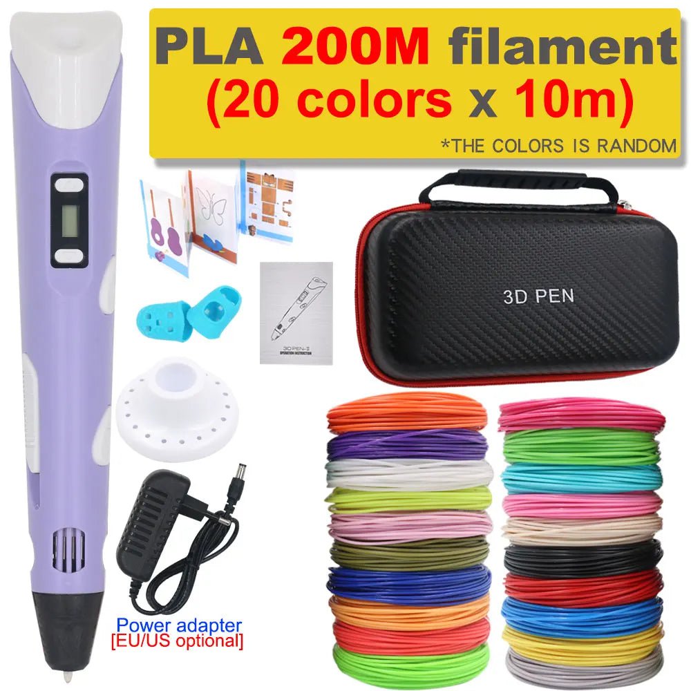 Storazone Purple with 200M PLA / us 3D Pen 3D Printing Pen DIY Drawing Pen 200M PLA Filament Kids Birthday Kids Christmas Gift with Power Adapter Travel Storage Box