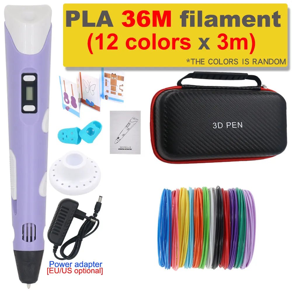 Storazone Purple with 36M PLA / us 3D Pen 3D Printing Pen DIY Drawing Pen 200M PLA Filament Kids Birthday Kids Christmas Gift with Power Adapter Travel Storage Box