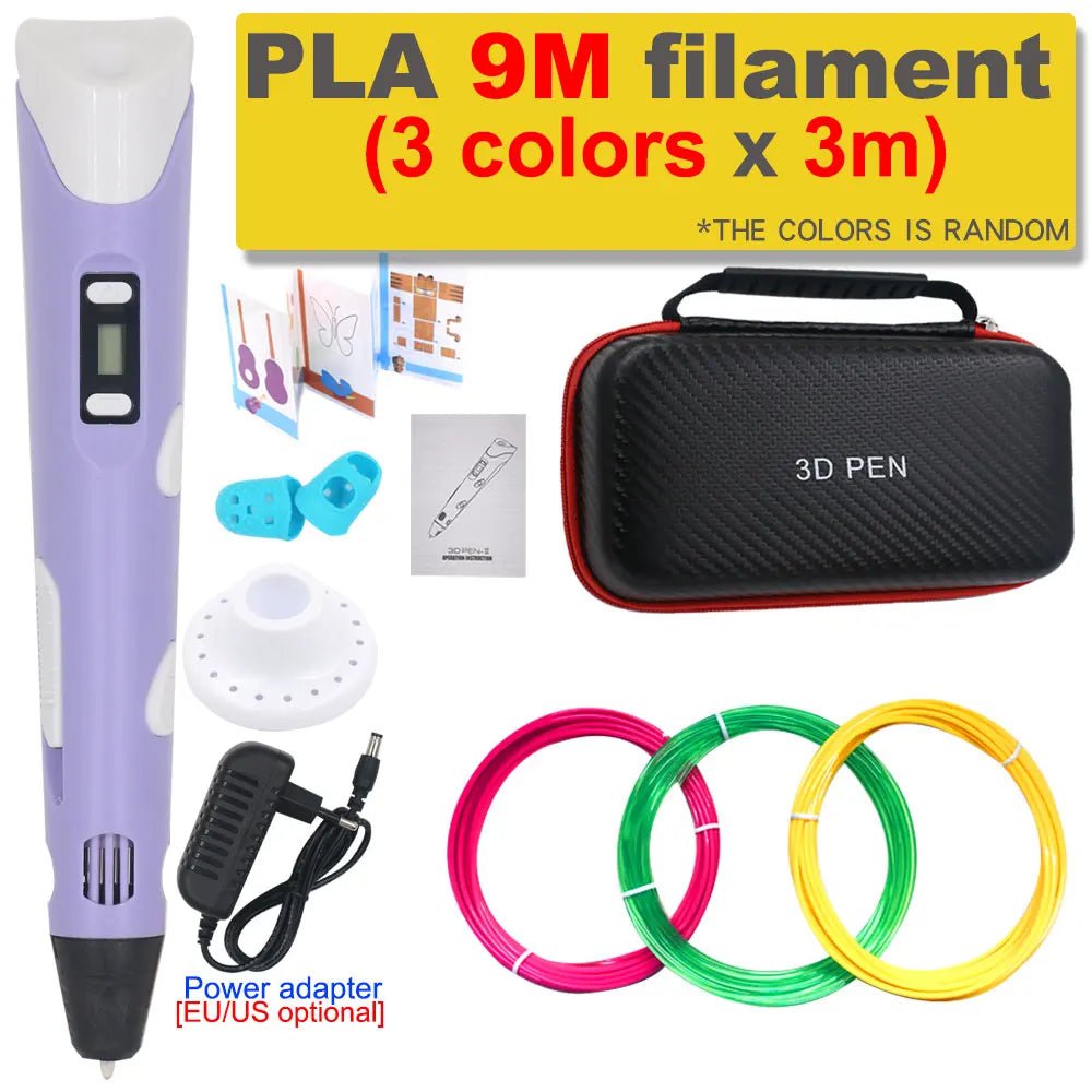 Storazone Purple with 9M PLA / us 3D Pen 3D Printing Pen DIY Drawing Pen 200M PLA Filament Kids Birthday Kids Christmas Gift with Power Adapter Travel Storage Box