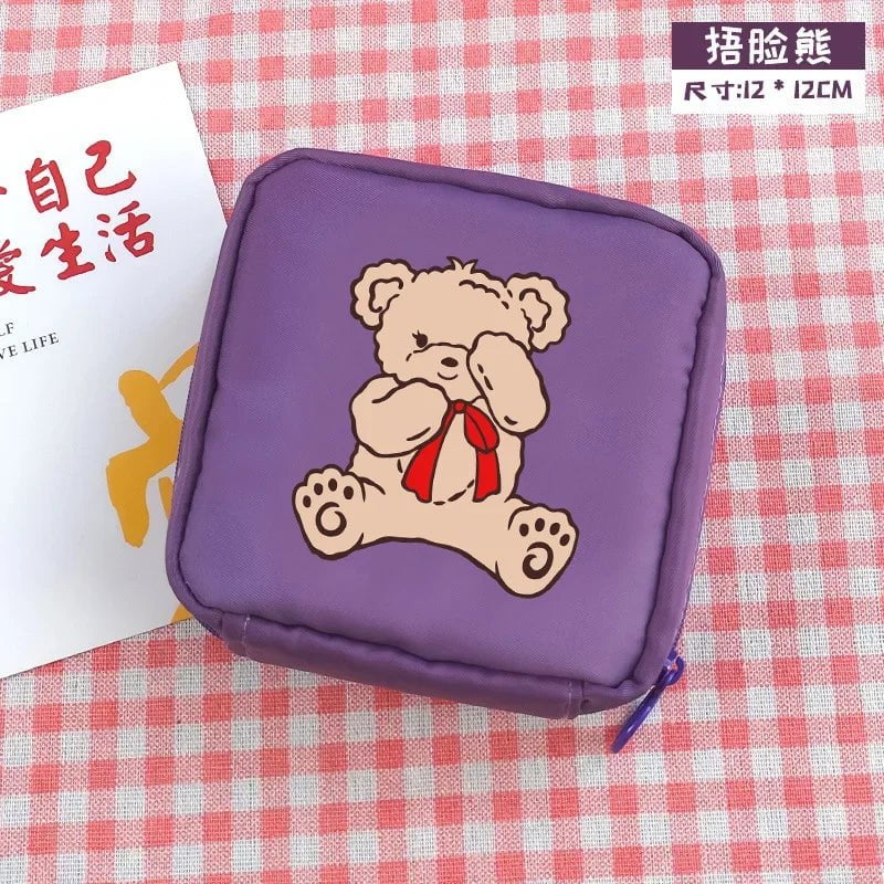 Storazone purple Women Girls Kawaii Cosmetic Makeup Tampon Bear Napkin Pouch Storage Bag Coin Purse Sanitary Pads Bag Mini Data Cables Organizer