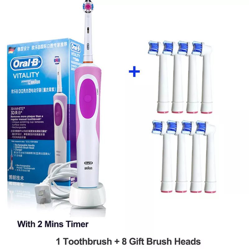 Storazone Purple8Head / Russian Federation Oral B Electric Toothbrush 2D Rotary Vibration Clean Charging Tooth Brush Cross Action Bristle Oral Care 4 Gift Brush Heads Free