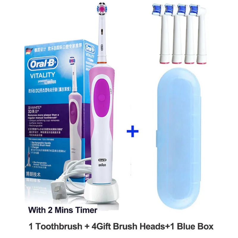 Storazone PurpleBUBOX4Head / Russian Federation Oral B Electric Toothbrush 2D Rotary Vibration Clean Charging Tooth Brush Cross Action Bristle Oral Care 4 Gift Brush Heads Free