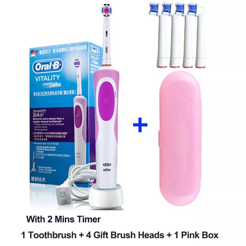 Storazone PurplePKBOX4Head / Russian Federation Oral B Electric Toothbrush 2D Rotary Vibration Clean Charging Tooth Brush Cross Action Bristle Oral Care 4 Gift Brush Heads Free