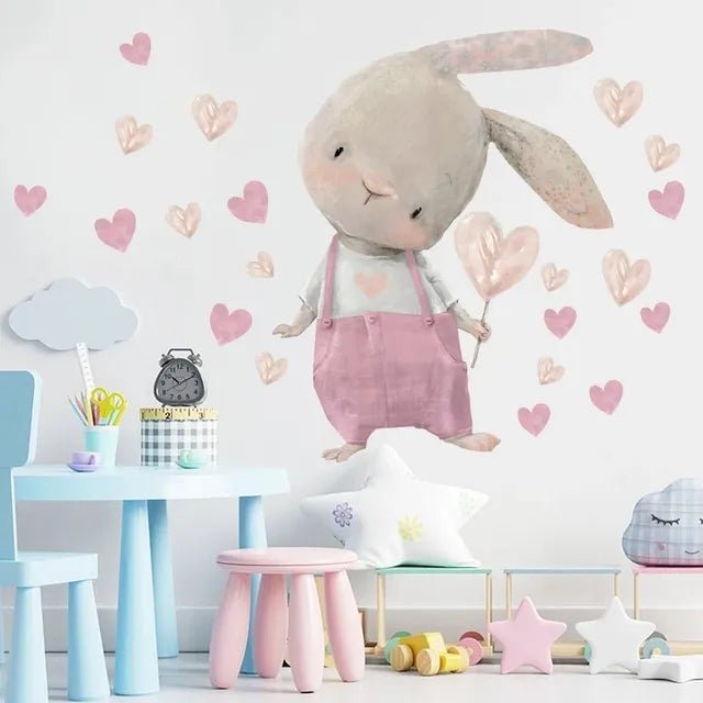 Storazone Q Cute Bunny Hearts Wall Stickers for Children Kids Rooms Girls Baby Room Decoration Nursery Kawaii Cartoon Rabbit Wallpaper Vinyl