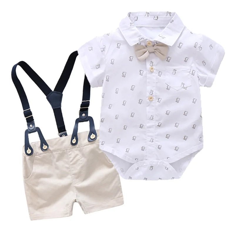 Storazone R-03 / 6M Baby Boy Gentleman Clothes Set Summer Suit For Toddler White Shirt with Bow Tie+Suspender Shorts Formal Newborn Boys Clothes