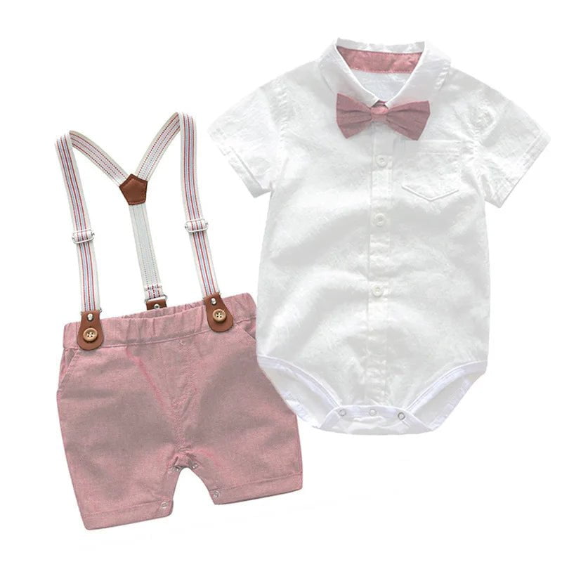 Storazone R-05 / 6M Baby Boy Gentleman Clothes Set Summer Suit For Toddler White Shirt with Bow Tie+Suspender Shorts Formal Newborn Boys Clothes