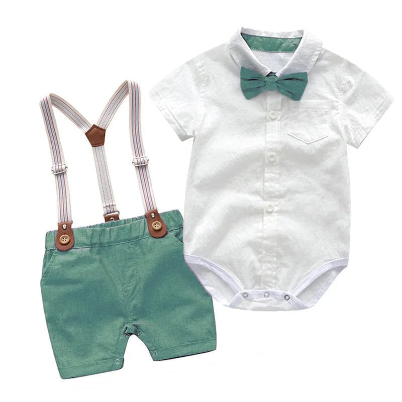 Storazone R-06 / 12M Baby Boy Gentleman Clothes Set Summer Suit For Toddler White Shirt with Bow Tie+Suspender Shorts Formal Newborn Boys Clothes