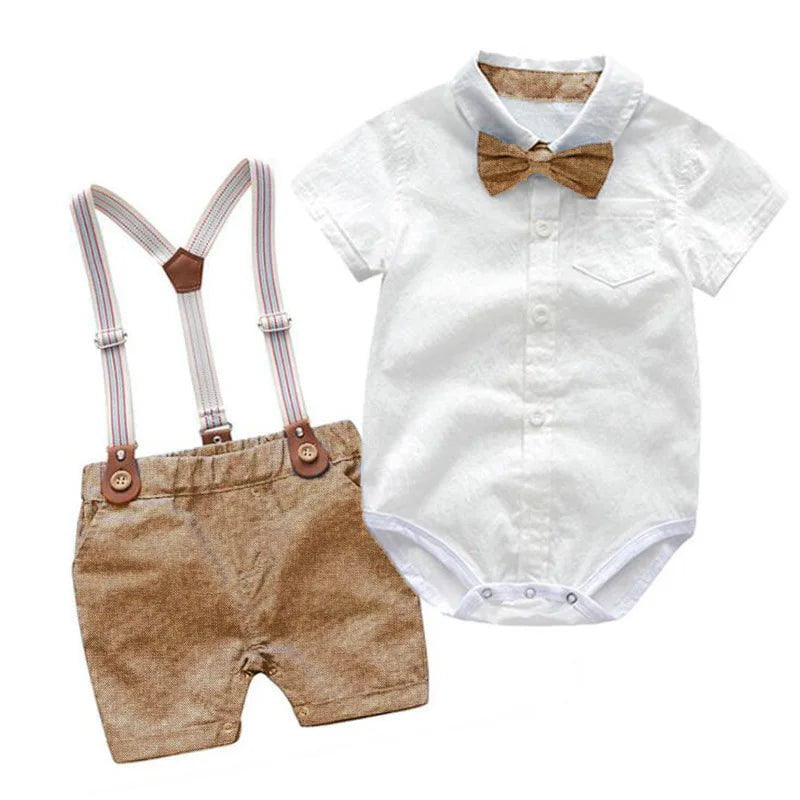 Storazone R-07 / 6M Baby Boy Gentleman Clothes Set Summer Suit For Toddler White Shirt with Bow Tie+Suspender Shorts Formal Newborn Boys Clothes