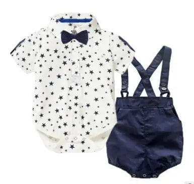 Storazone R-08 / 24M Baby Boy Gentleman Clothes Set Summer Suit For Toddler White Shirt with Bow Tie+Suspender Shorts Formal Newborn Boys Clothes