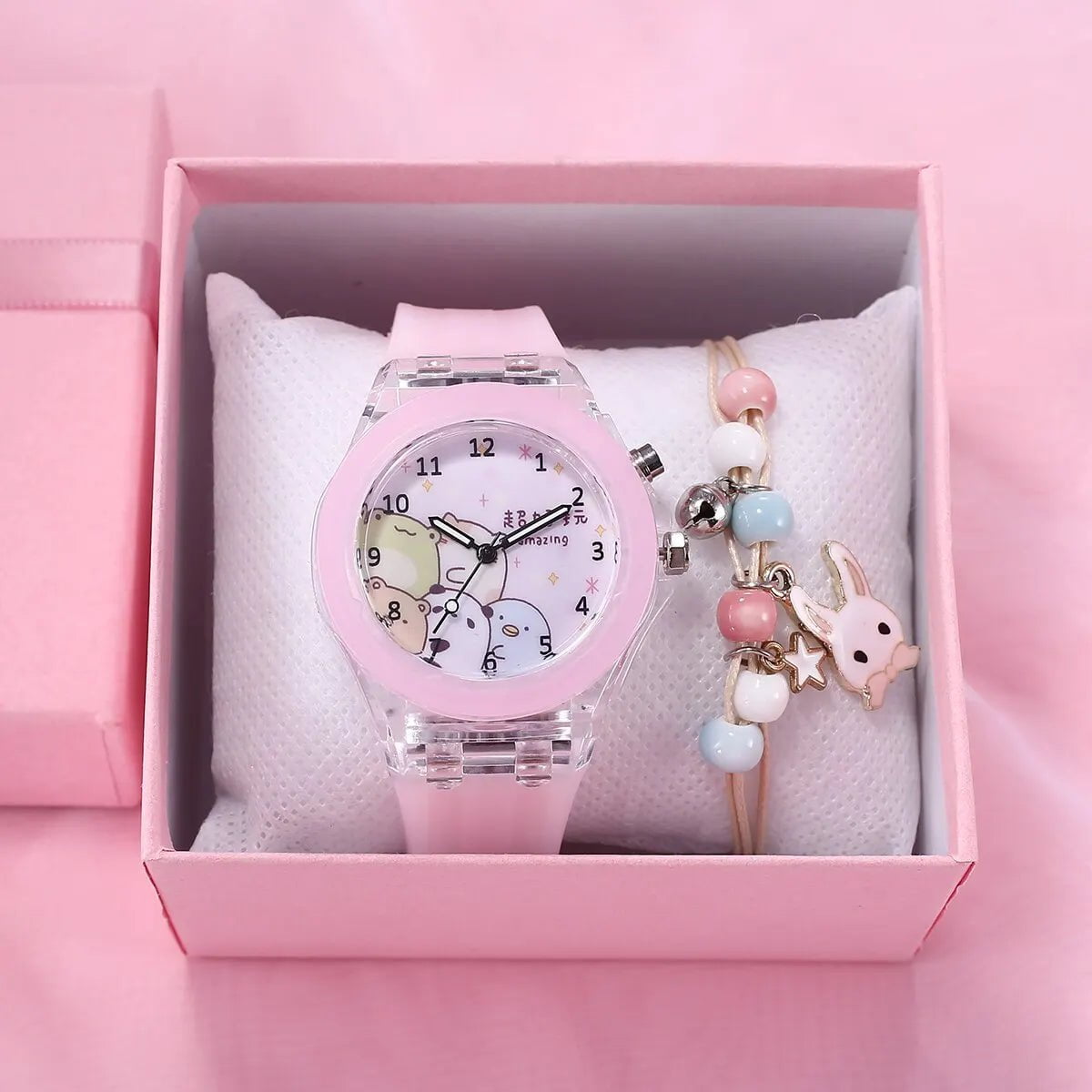 Storazone Rabbit - Pink Girls Kids Children Luminous Student Colorful LED Light Women Lady Clock Silica Gel Watermelon Quartz Wrist Watch