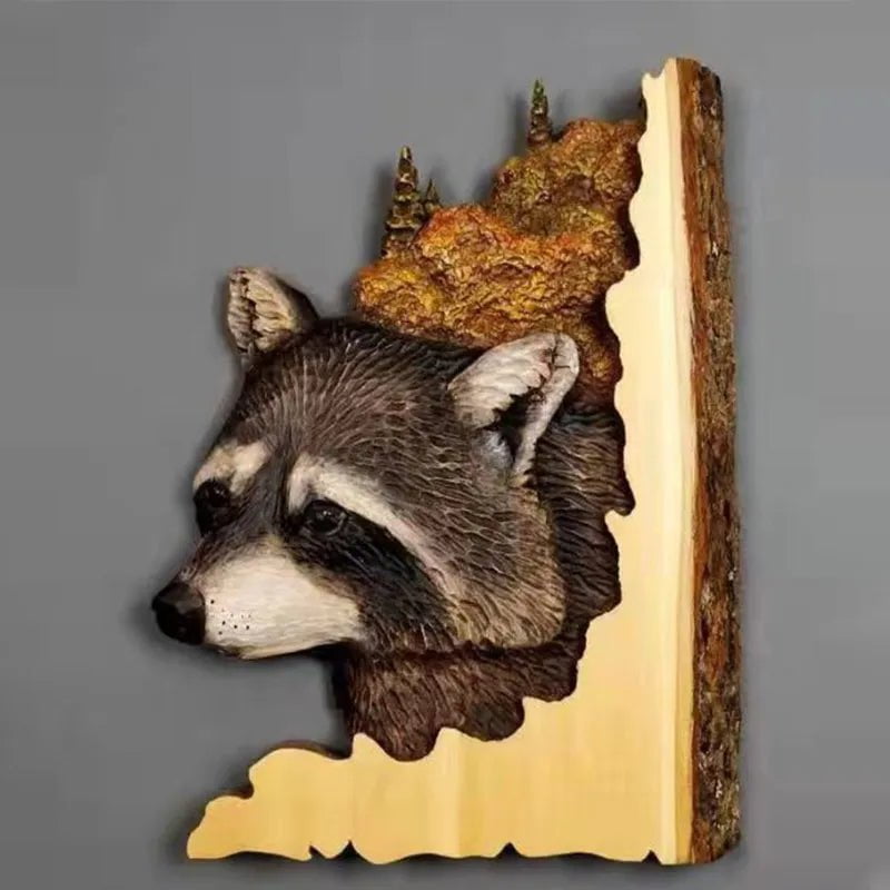 Storazone Raccoon Animal Carving Handcraft Wall Hanging Sculpture Wood Raccoon Bear Deer Hand Painted Decoration for Home Living Room Dropshipping