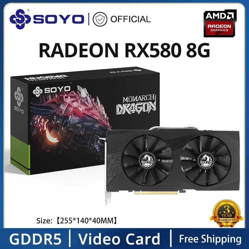 Storazone Radeon RX580 8G / CHINA SOYO Radeon RX580 8G Graphics Card GDDR5 Memory Video Gaming Card PCIE3.0x16 HDMI-compatible DP DVI for Desktop AMD Card