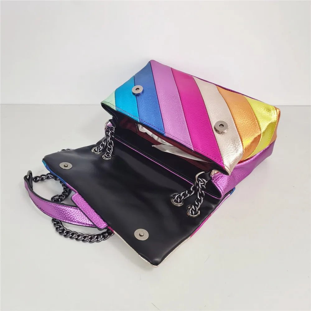 Storazone Rainbow Eagle Head Handbags Cross Body Bag 26cm Medium Raibow Bird Head Patchwork Shouler Bags Chain Small Flap Purse