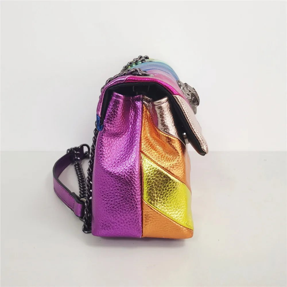 Storazone Rainbow Eagle Head Handbags Cross Body Bag 26cm Medium Raibow Bird Head Patchwork Shouler Bags Chain Small Flap Purse