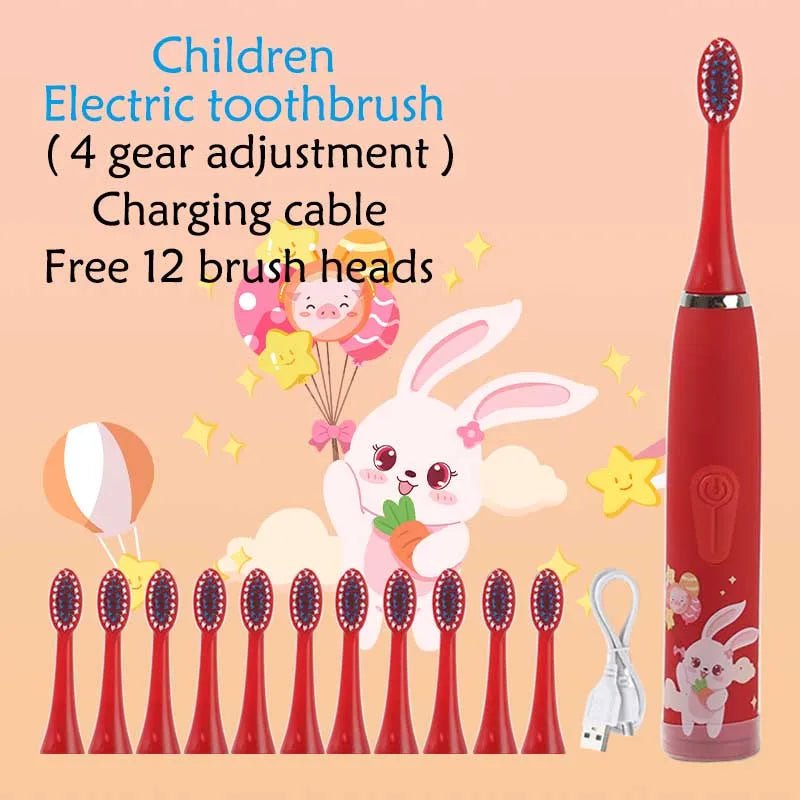 Storazone Red 12 Head Children Sonic Electric Toothbrush Colorful Cartoon For Kids Rechargeable Soft Fur Automatic Waterproof With Replacement Head