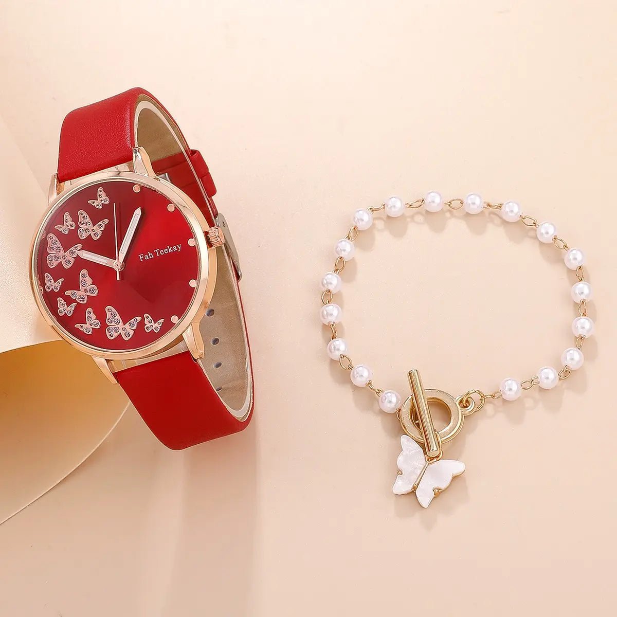 Storazone Red 2pcs Set Womens Butterfly Watches Ladies Fashion Watch New Simple Casual Women Analog WristWatch Bracelet Gift