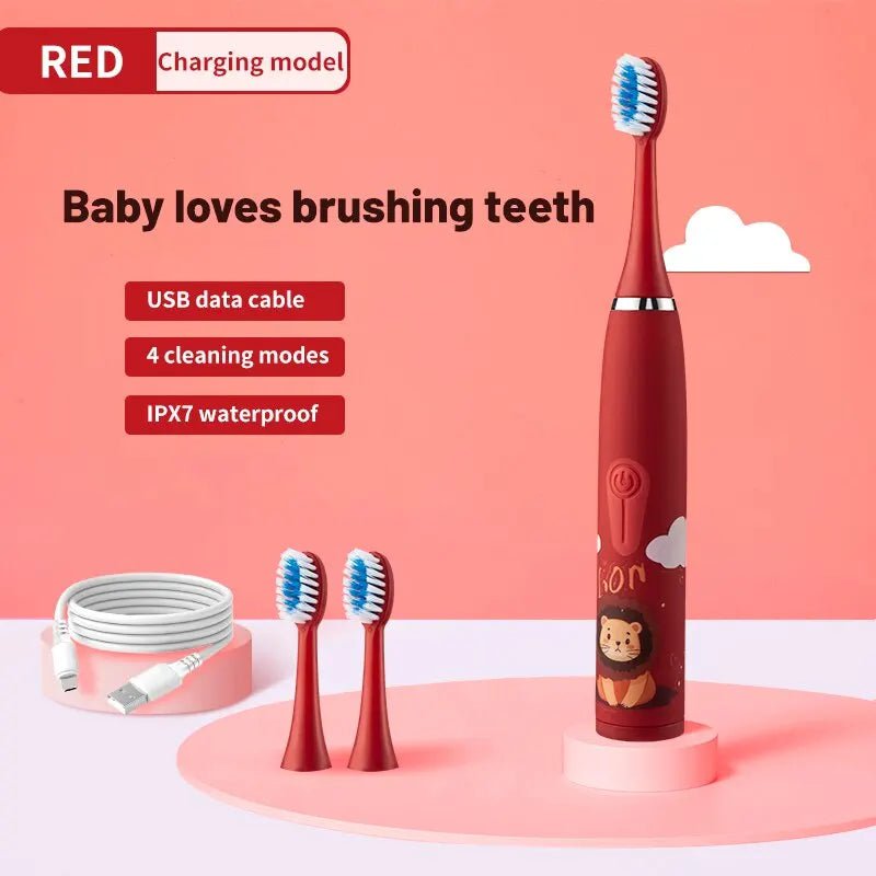 Storazone Red 3 Head Children's Electric Toothbrush Colorful Cartoon With Replacement Heads Ultrasonic Rechargeable Soft Hair Cleaning Brush for Kids